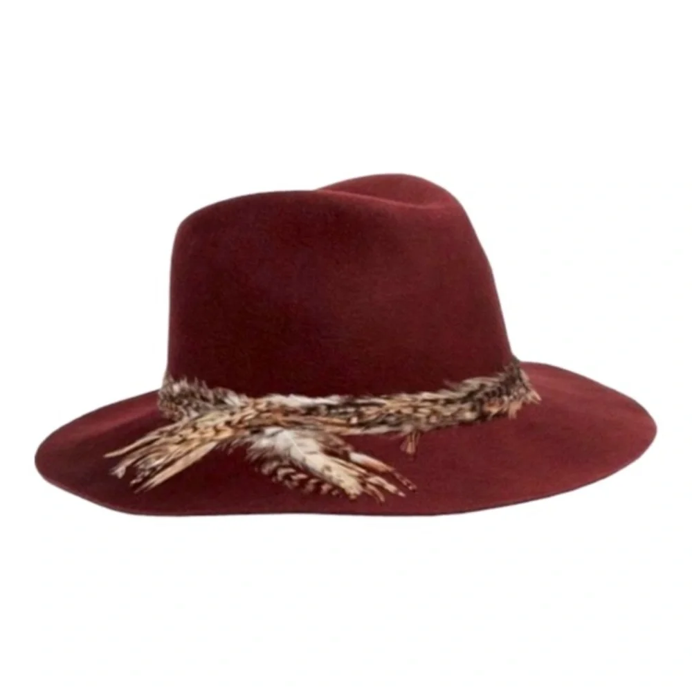 Eugenia Kim 'Georgina' Feather-Trimmed Wool Fedora Hat, Wine, Medium - Picture 2 of 7